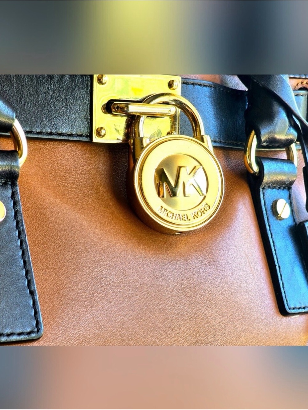 Michael Kors Tan and Black Leather Satchel with Gold Hardware - Picture 3 of 8